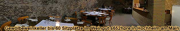 Gewölbeweinkeller bis 60 Sitzplätze (davon 48 Sitzplätze an 6 runden Tischen und 12 Sitzplätze an Tafel) sowie zusätzlich Platz für Buffetfläche im Weingut s652hpre in Hochheim am Main.